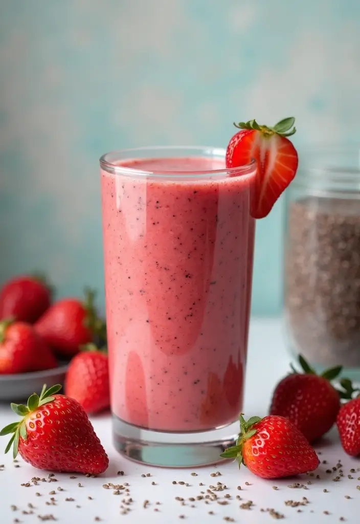 25 Easy Smoothie Recipes with Frozen Fruit and Protein Shakes for Busy Mornings 137 25 Easy Smoothie Recipes with Frozen Fruit and Protein Shakes for Busy Mornings - 21. Strawberry Chia Seed Smoothie