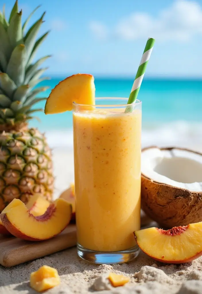 30+ Frozen Peach Smoothie Recipes Bursting with Summer Flavor 8 30+ Frozen Peach Smoothie Recipes Bursting with Summer Flavor - 2. Tropical Peach Paradise