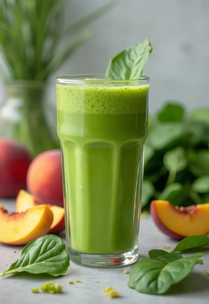 30+ Frozen Peach Smoothie Recipes Bursting with Summer Flavor 15 30+ Frozen Peach Smoothie Recipes Bursting with Summer Flavor - 3. Spinach & Peach Fusion